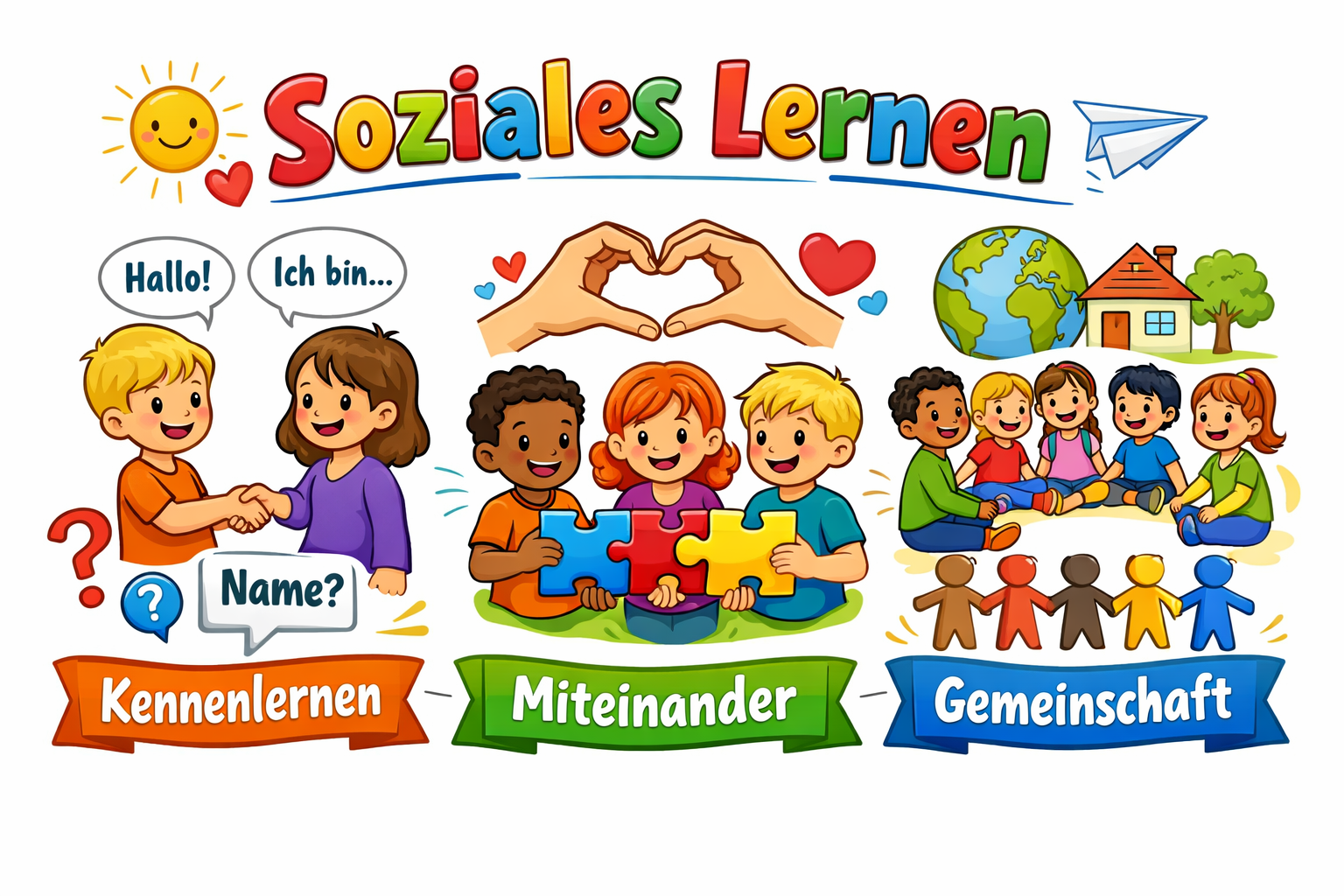 Soziales Lernen in bunten Illustrationen